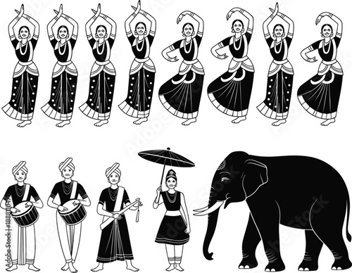 Traditional Indian culture silhouette set with classical dancers, musicians and elephant illustration, heritage festival performance collection for tourism, celebration and ethnic design.