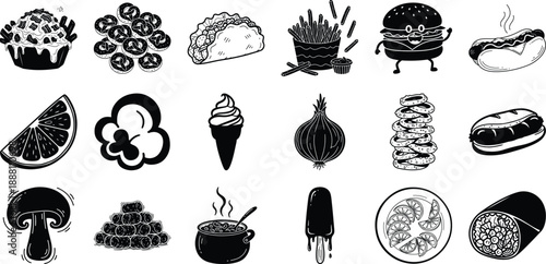 Assorted Black and White Food Icons Collection cupcake