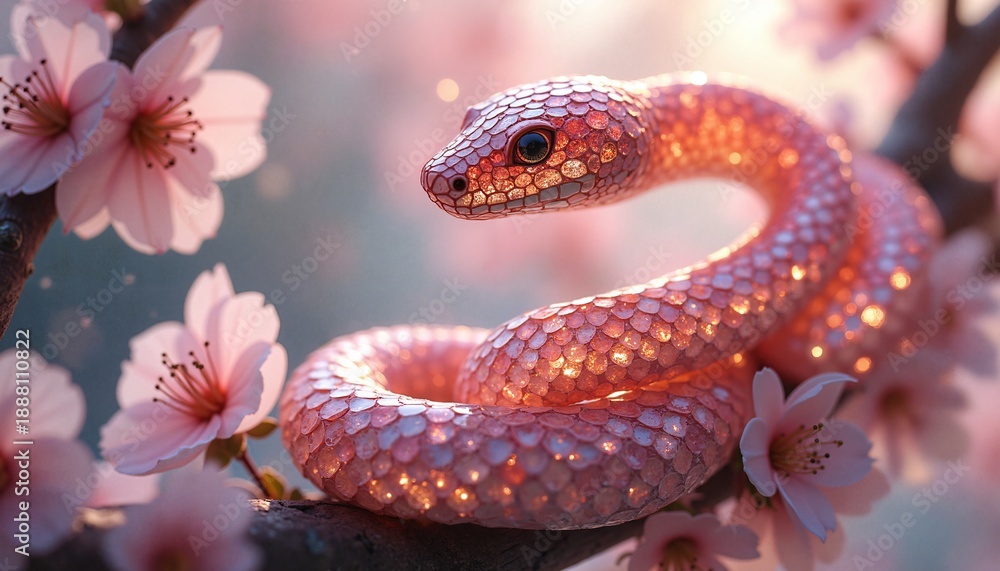 Fototapeta premium The image shows a pink snake surrounded by glowing fairy lights and cherry blossoms