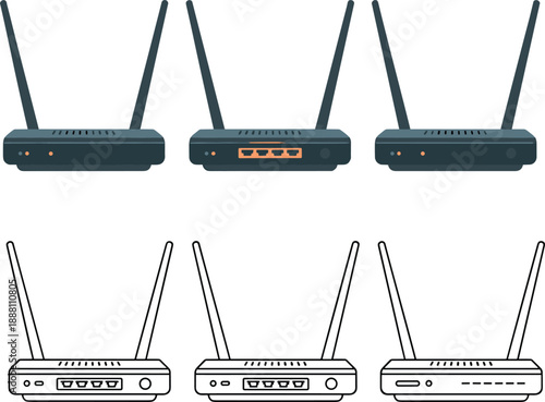 Wireless router icons set showing front and back views, flat and outline styles, internet network device illustration for technology, communication and connectivity concepts
