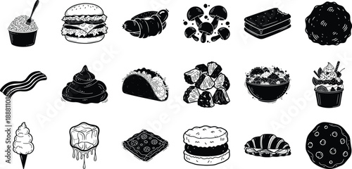 Assortment of Doodle Style Food and Drink Items ice cream cup