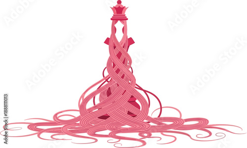Intricate pink chess queen piece with long flowing hair or threads creative concept isolated on transparent background