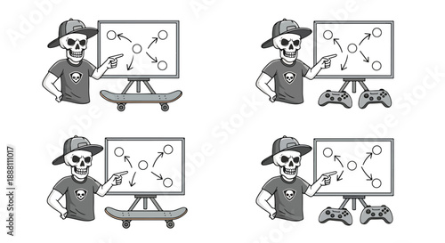skull wearing hat and t shirt pointing at game strategy board with arrows and circles on screen
