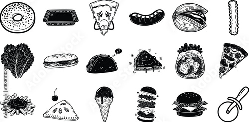 Black and white cartoon food illustrations donut food tray