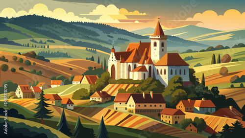 Very beautiful Biertan fortified Saxon church rises above rolling Transylvanian hills, surrounded by rural countryside, representing a remarkable UNESCO heritage site with medieval architecture and pe