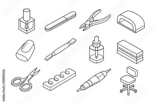 Nail care tools set: polish, clipper, file, uv lamp, cuticle oil, chair.