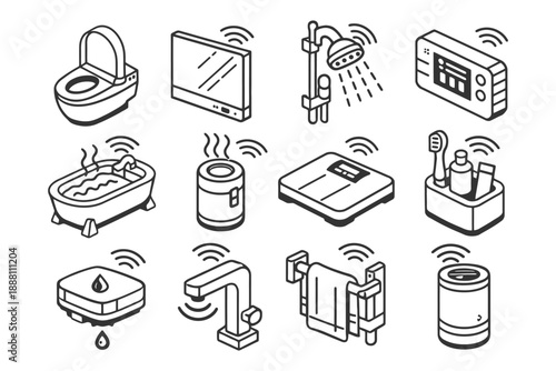 Smart home devices icons set: bathroom gadgets with wireless connectivity.