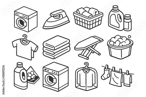Laundry essentials icons: washing machine, iron, detergent, clothing, dryer.