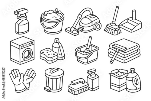 Collection of household cleaning tools and supplies line art.
