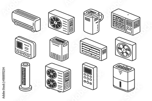 Isometric drawings of various air conditioning and ventilation units.