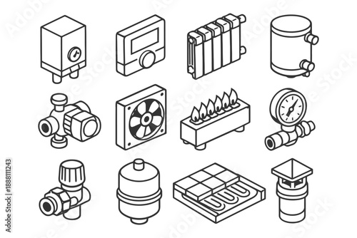 Isometric heating system components: boiler, thermostat, radiator, pump, fan, burner, valve.