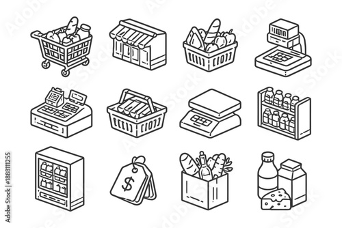 Grocery shopping icon set: cart, basket, scale, cash register, products, shop.