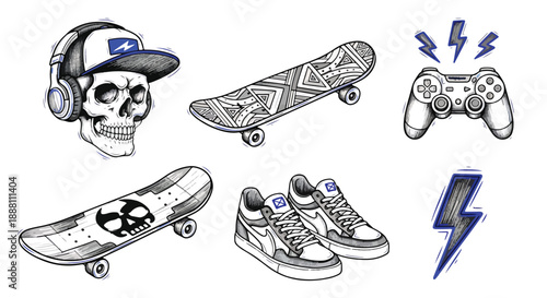 skull wearing headphones and cap with skateboards and sneakers and game controller on white background
