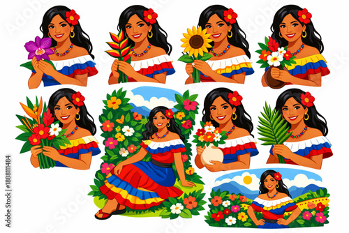 Venezuelan florist woman with tropical flowers in saturated flat style