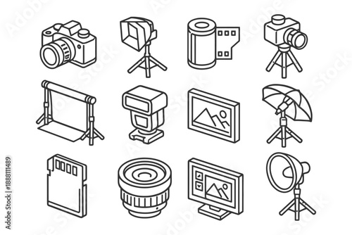 Set of photography equipment icons: cameras, lenses, lights, and more.