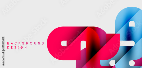 Abstract shapes overlap, creating vibrant color gradients. Pink, blue hues dominate white space. Modern design element.