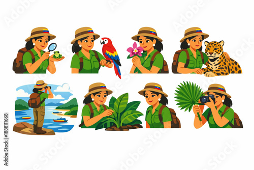 Venezuelan biodiversity explorer woman in solid flat style