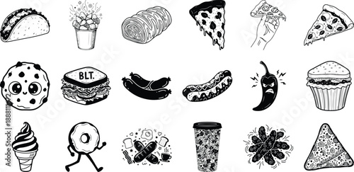 Black and white food and drink illustrations collage