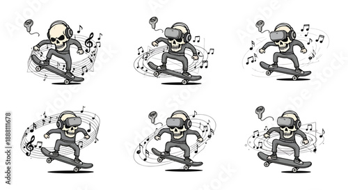 skull wearing headphones and virtual reality skateboarding with music notes