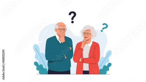 Elderly couple looks confused with question marks above their heads while they try to remember something or solve a complex problem.