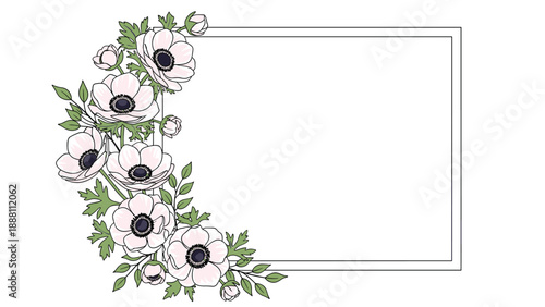 Hand-drawn anemone flowers and green leaves decorate the left side of a rectangular frame on a white background for invitations.