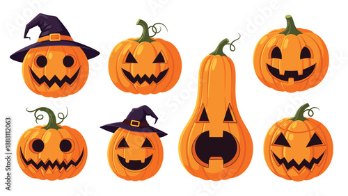 Collection of carved orange pumpkins for Halloween includes different spooky faces and two jack-o-lanterns wearing pointed witch hats.