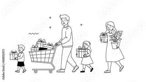 Happy family walks together carrying various wrapped gift boxes and a potted plant while pushing a shopping cart full of holiday presents.