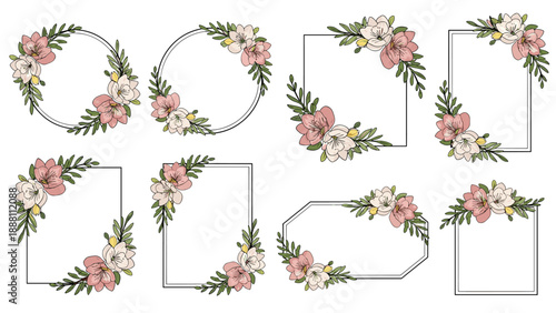 Collection of various circular and rectangular floral frames decorated with pink blossoms and green leaves for elegant invitation designs.