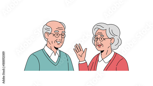 Senior man and woman having a friendly conversation together while smiling and gesturing against a plain white background for copy space.
