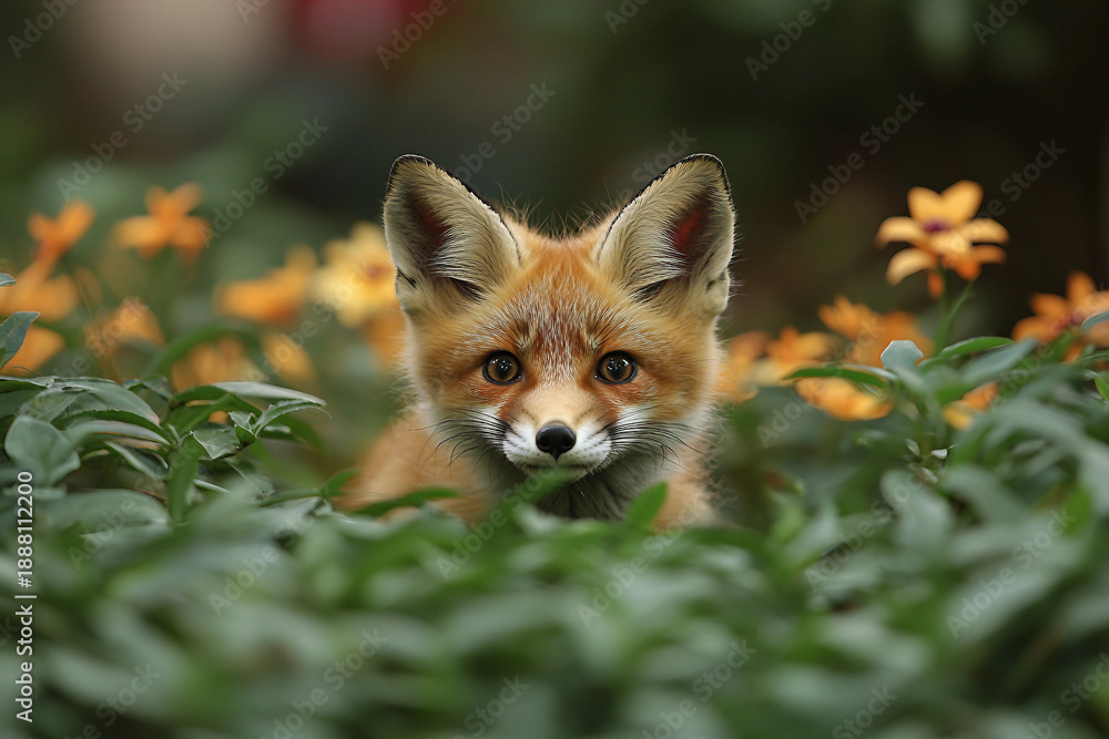 Fototapeta premium Close-Up of a Curious Fox in Natural Habitat with Greenery and Flowers - Generative AI