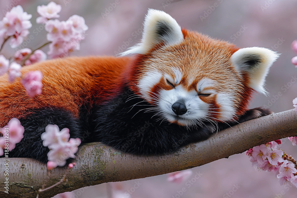 Fototapeta premium Adorable Red Panda Resting Among Pink Blossoms in Nature - Generative AI