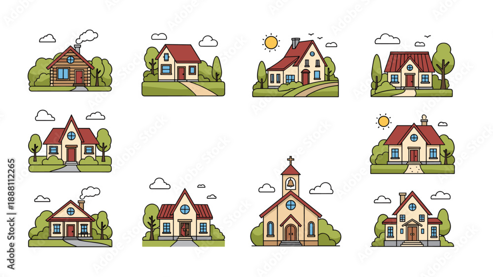 Obraz premium Set of charming suburban house illustrations featuring various architectural styles with red roofs, green trees, and white clouds.