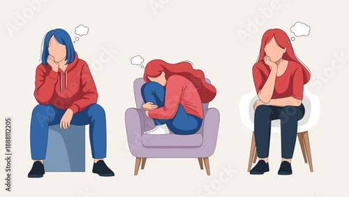Illustration showing three different poses of women experiencing sadness, depression, and loneliness while sitting on chairs and boxes.