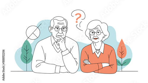 Senior man and woman looking thoughtful and curious with a question mark in a thought bubble against a stylized background with leaves.