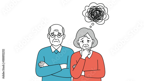 Mature man and woman looking worried and stressed with a black scribble thought bubble over the woman head to show anxiety or confusion.