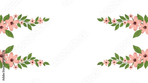 Elegant symmetrical floral border featuring clusters of pink flowers and lush green leaves in the four corners on a white background.