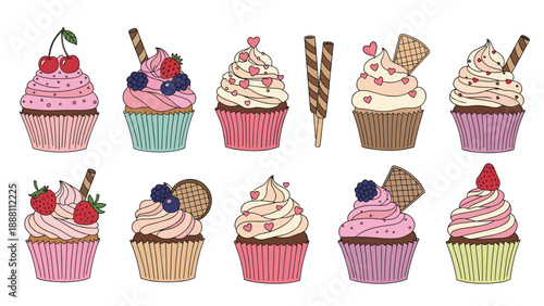 Assortment of delicious cupcakes decorated with various toppings like cherries, strawberries, blackberries, hearts, and wafer cookies.
