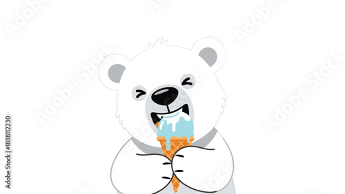 Close up illustration of a happy polar bear enjoying a delicious blue ice cream cone against a clean white background.