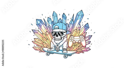 skull wearing sunglasses and baseball cap riding skateboard with crystals and video game controller
