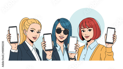 Three stylish women with diverse hair colors holding up smartphones with blank white screens against a light blue background.