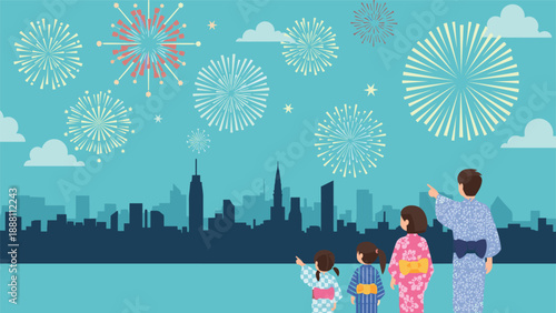 Japanese family wearing traditional yukata kimono watching vibrant fireworks display over a modern city skyline at a summer festival.