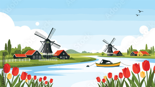 Scenic Dutch landscape featuring traditional windmills, colorful houses, a river with a small boat, and red tulip fields in the foreground.