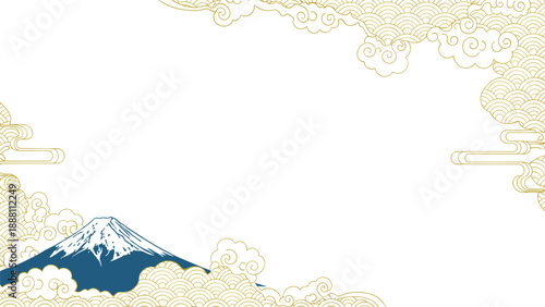 Iconic Mount Fuji with its snow capped peak framed by traditional Japanese stylized clouds and golden wave patterns in a classic art style.