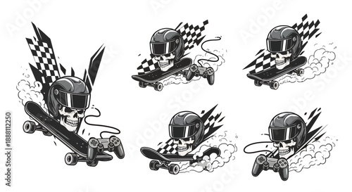 skull wearing helmet rides skateboard with checkered flag and video game controller