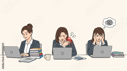 Workplace illustration showing three women dealing with different issues like heavy workload, shoulder pain, and stress while using laptops.