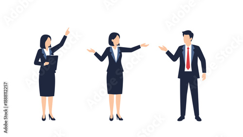 Group of professional business people wearing suits depicted in various presenting and pointing poses against a plain white background.