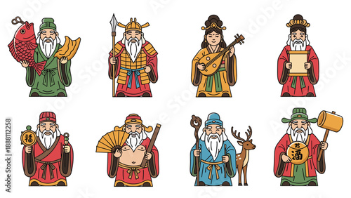 Traditional illustrations of the Seven Lucky Gods from Japanese mythology and folklore, depicting each deity with their unique symbols.