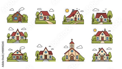 Set of charming suburban house illustrations featuring various architectural styles with red roofs, green trees, and white clouds.