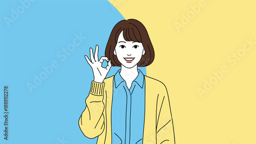 Friendly young woman with brown hair making an okay hand gesture against a split blue and yellow circular background illustration.