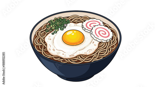 Close up of a bowl of ramen noodles topped with a fried egg, green onions, and narutomaki fish cakes in a dark ceramic bowl.